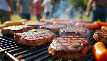 Grilled meat sizzling at a summer barbecue with friends  