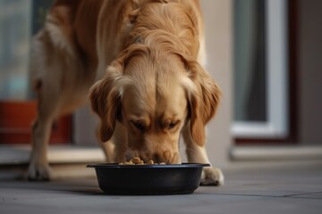 Naklejka na ściany i meble Golden retriever enjoying a meal from a bowl on the floor in a cozy home environment, showcasing the bond between pets and their owners, pet care concept