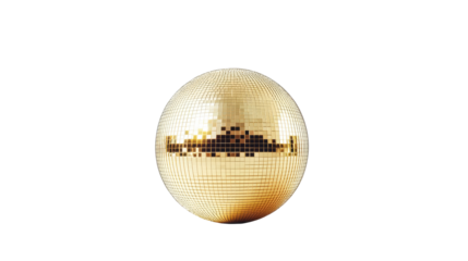 Shiny gold disco ball isolated on black background, cut out transparent