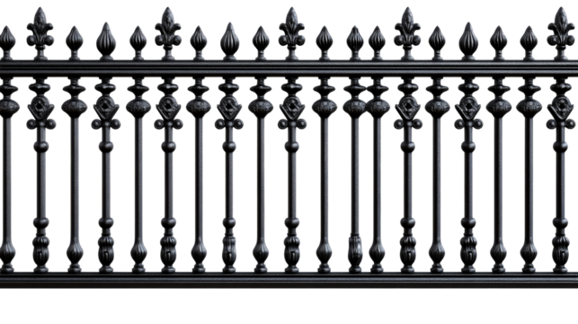 Intricate ironwork fence, black, ornate details, seamless railing, cut out transparent