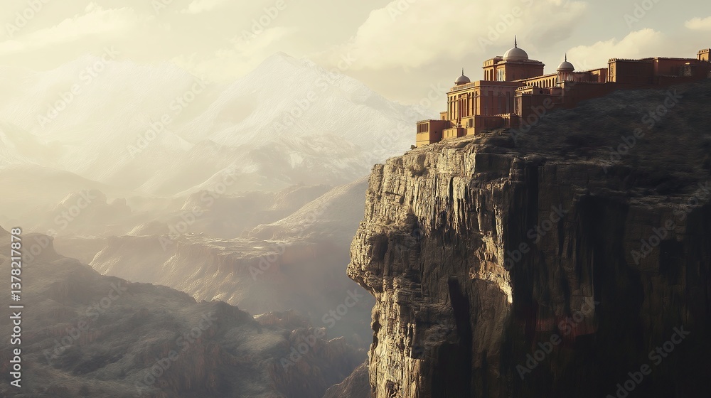 Poster a distant mountaintop monastery perched on the edge of a cliff.