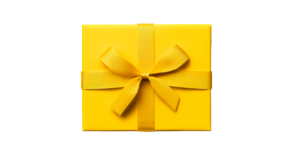 Bright yellow gift box with ribbon bow isolated, cut out transparent