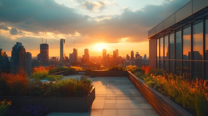 Fototapeta premium Stunning sunset cityscape view from a modern rooftop terrace with lush green plants and city skyline in the background.