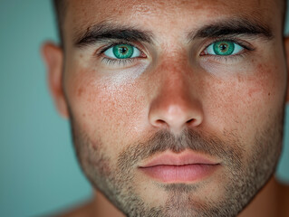 Obraz premium Close face under soft light with relaxed, neutral gaze. No expression, just calm presence. Face shape, clear eyes, and stubble form visual balance and emotional stillness in frame.