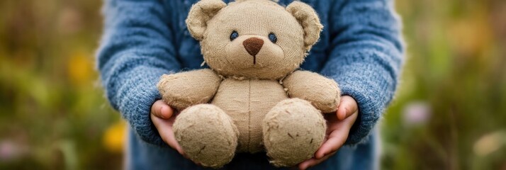 Child Holding Vintage Teddy Bear Outdoors
