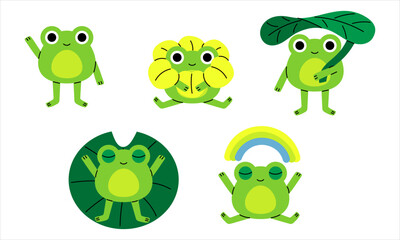 Fototapeta premium Set of cute cartoon frogs in poses waving, meditating on a lily pad, sitting with a rainbow, holding a leaf umbrella, in flowers. Flat illustration for kids products, stickers. Childish character