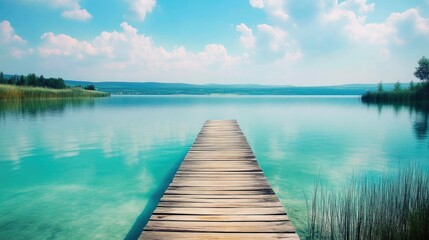 Fototapeta premium Top-down view of wooden pier on turquoise lake