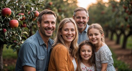 Obraz premium Happy family smiling in rustic orchard with apple trees background portrait photo 