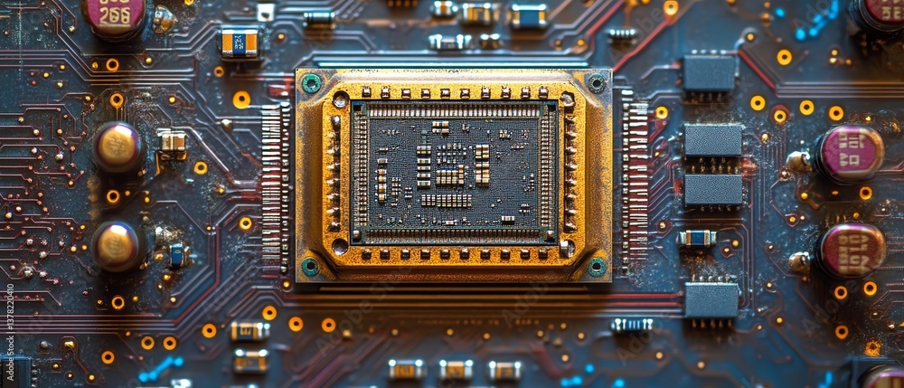 Fototapete integrated circuit microchip closeup on motherboard, silicon wafer electronic component, digital tec