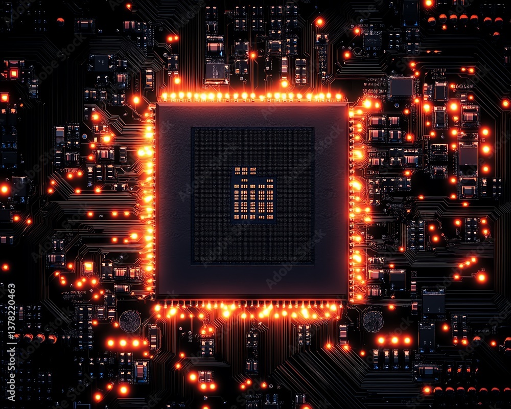 Poster Integrated circuit microchip closeup on motherboard, silicon wafer electronic component, digital tech CPU, computer device, future engineering design