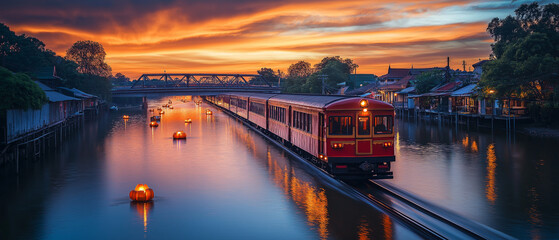 AI generator image of traditional Thai train is running on the bridge water reflection, many krathongs floating in the river, at night beautiful lights, fireworks, floating lanterns fill the sky