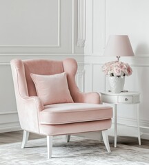 Pink velvet armchair in elegant room. (1)