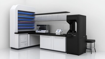 A medical research lab with automated genetic analysis equipment and digital molecular models.