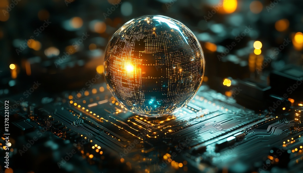 Leinwandbilder Abstract image of quantum computing with AI for cybersecurity, glowing sphere on circuit board, data network defense, futuristic tech design