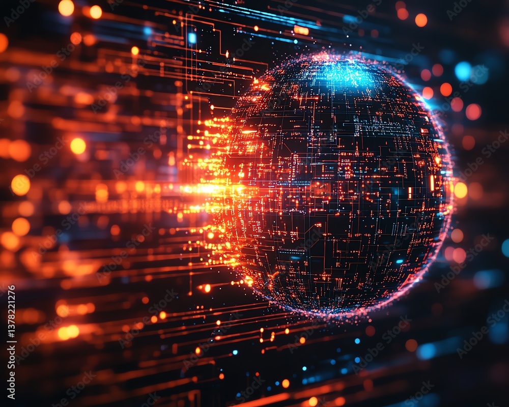 Aufkleber AIdriven cybersecurity with quantum computing, abstract glowing sphere on circuit board, advanced data processing, network defense, futuristic design