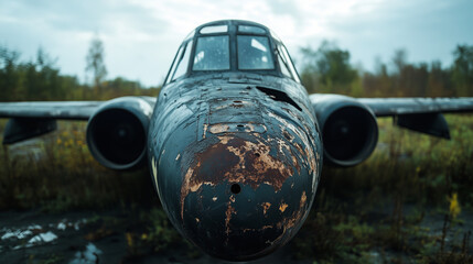 The forgotten fuselage of an old warplane, its nose heavily rusted with deep cracks in the peeling paint, abandoned in a desolate airfield