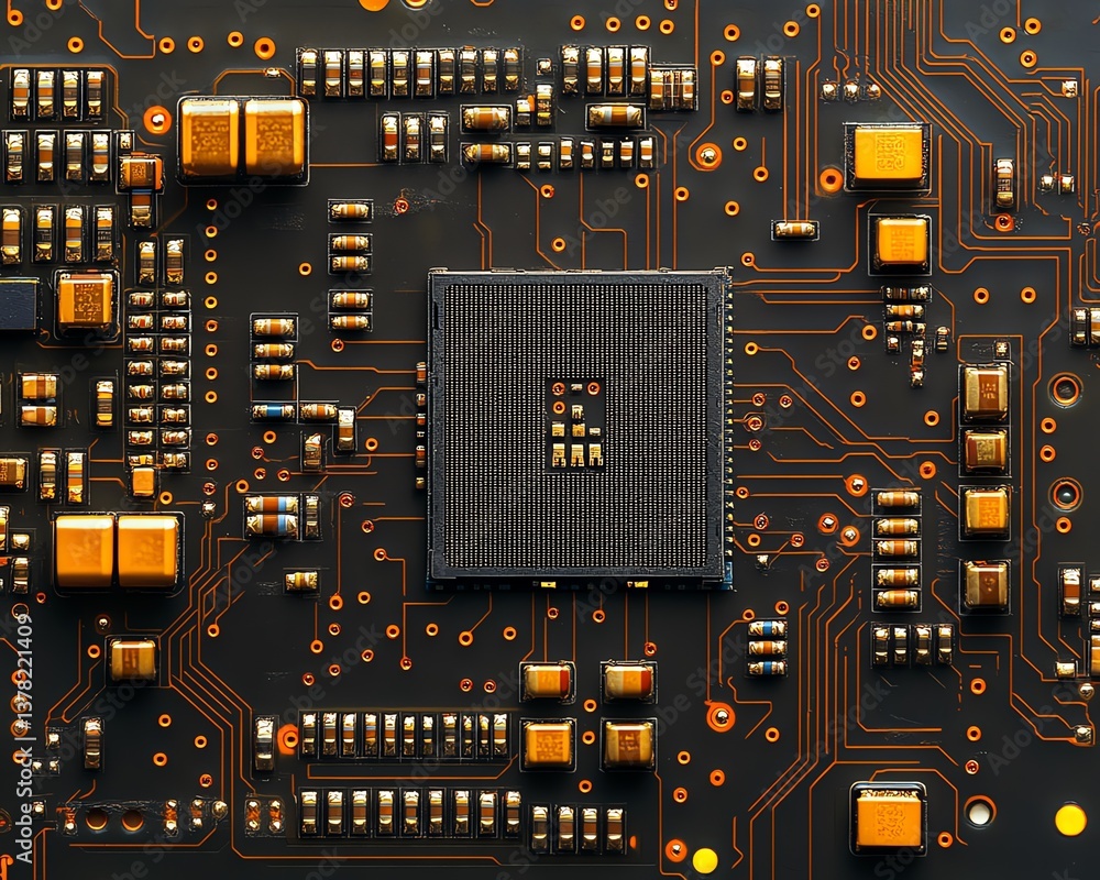 Poster Closeup integrated circuit microchip on motherboard, electronic component silicon wafer, digital tech CPU, central processor unit, future engineering design