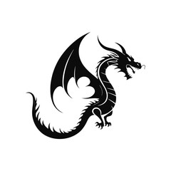 black and white vector illustration of a fire-breathing dragon in a dynamic pose on a white background