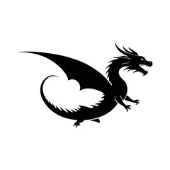 Fototapeta premium A black and white vector silhouette of a dragon perched on a rock with its wings folded on a white background