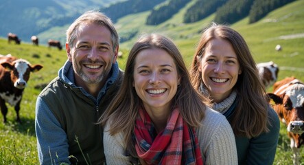 Obraz premium Happy family smiling in Swiss alpine meadow with cows grazing background portrait photo 