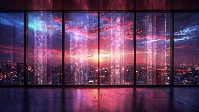 Digital city skyline sunset loop video footage with data streams, modern futuristic cityscape motion background clip for technology presentations and cyberpunk visuals.