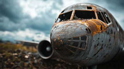 A post-apocalyptic style close-up of a rusted aircraftâs front section, its nose barely holding together as decay and weathering eat away at the fuselage