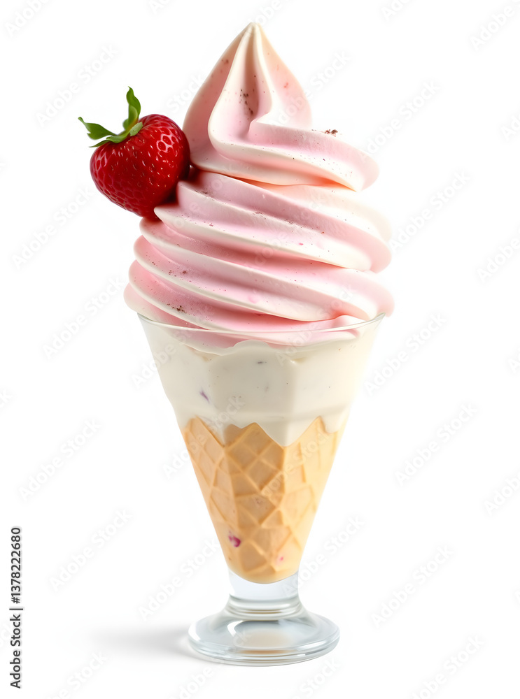 Poster a refreshing strawberry soft serve ice cream sundae topped with a ripe red strawberry.