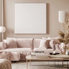 Pink velvet sectional sofa in modern living room with blank canvas.