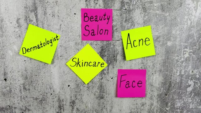 Selfcare memo stickers. Beauty salon trip with all components of cosmetic selfcare. Skin and hair care routine reminder for girl. Conceptual project about importance of taking care of your body