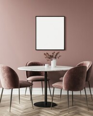 Pink wall dining room with marble table, velvet chairs, and blank frame.