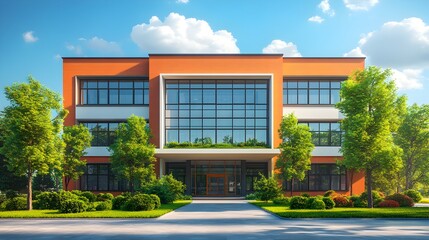 Fototapeta premium A modern orange commercial building with large and green landscaping sits on a sunny day.