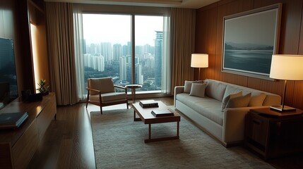 Fototapeta premium Luxury cozy living room with high-end furniture overlooking city skyline modern interior design bright and spacious