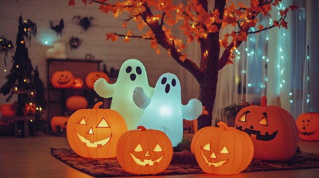 Room decorated with Halloween inflatables like ghosts pumpkins and a spooky tree