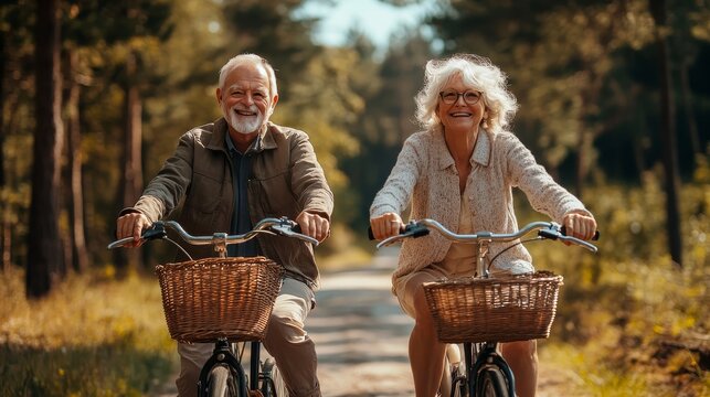 Happy senior couple cycling together on forest path enjoying healthy outdoor lifestyle