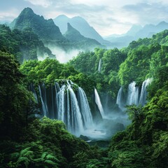 Fototapeta premium Majestic waterfalls cascading in lush verdant tropical forest with misty mountain backdrop