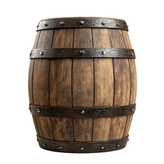 Obraz premium Rustic wooden barrel with metal bands on a bright Transparent background, Wooden barrel on PNG background
