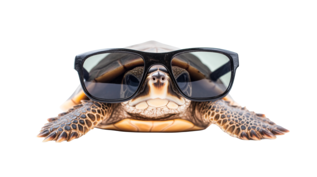 Turtle wearing sunglasses, front view, detailed portrait, cut out transparent