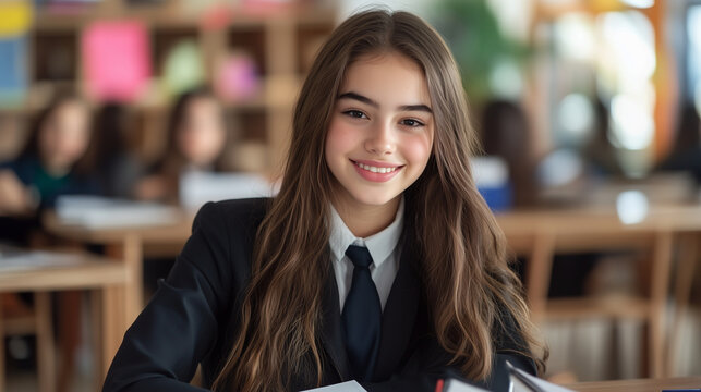 A bright-eyed high school girl in a neatly pressed school uniform sits confidently at her wooden desk, smiling warmly at the camera, surrounded by textbooks and stationery in a wel