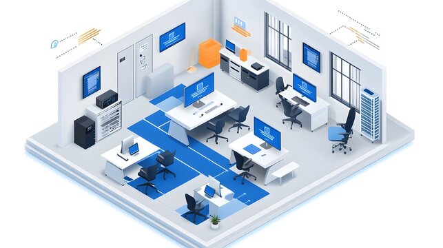 An isometric illustration depicts a modern tech office space with multiple workstations computers servers and network equipment.