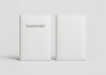 Two White Leather Passport Holders on a Soft Gray Background - Travel and Identification Mockup.