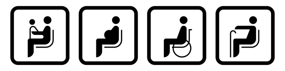 Set of icons of sitting people. Set of stickers of priority places for people with disabilities. Symbols for public place, bus, waiting room. Vector illustration.