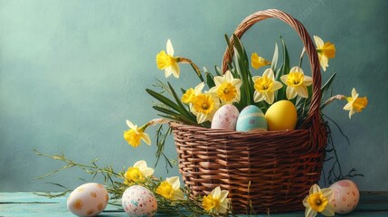 basket with easter eggs and daffodils flowers,