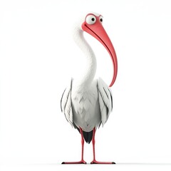 Obraz premium Adorable cartoon stork character with expressive eyes and vibrant beak standing in a clean white background for playful illustrations