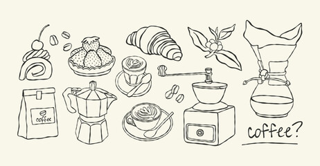 Elegant сollection of various coffee and dessert items. Minimalist aesthetic hand drawn vector Illustration.