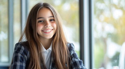 Fototapeta premium A young female student in a plaid school uniform with a blazer, sitting in a bright classroom with large windows, giving a natural and happy smile at the camera