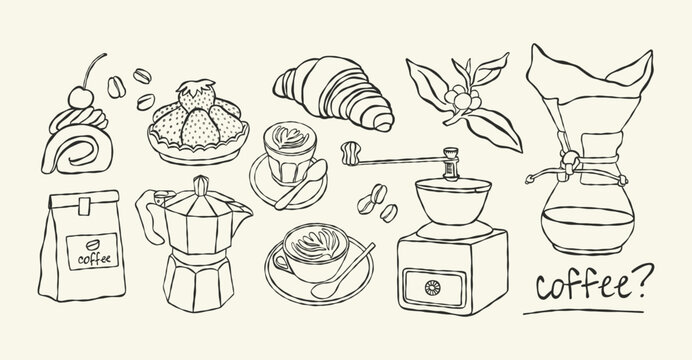 Elegant сollection of various coffee and dessert items. Minimalist aesthetic hand drawn vector Illustration.