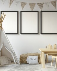 Playroom mockup with teepee, table, and blank frames.