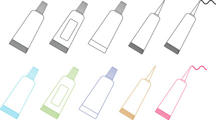 Tube, container, toothpaste, cream icon set. Cosmetic ointment plastic, hand cream packaging vector template isolated background. Adhesive superglue gel tube, eye lash glue package blank, long.