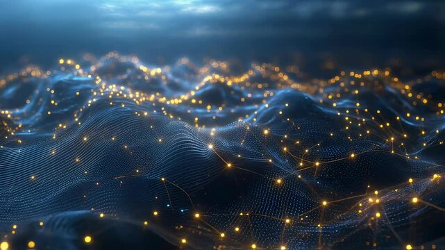 Abstract network data landscape visualization motion picture. Digital tech connection backdrop, data flow mesh, communication network technology stock footage.