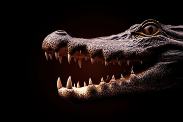 Obraz premium A Nile crocodile with its jaws slightly open, sharp teeth gleaming under moody lighting, hyperrealistic skin textures, deep dark background, National Geographic documentary style